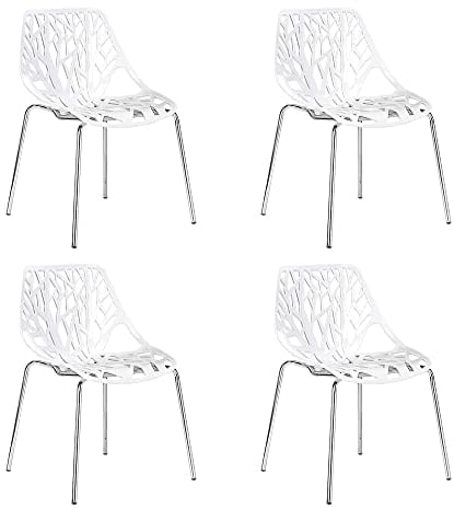 CangLong Set of 4 Garden Modern Plastic Chair, Hollow Shell Stackable Chair with Metal Legs for Kitchen Room & Dining Room, Single, White