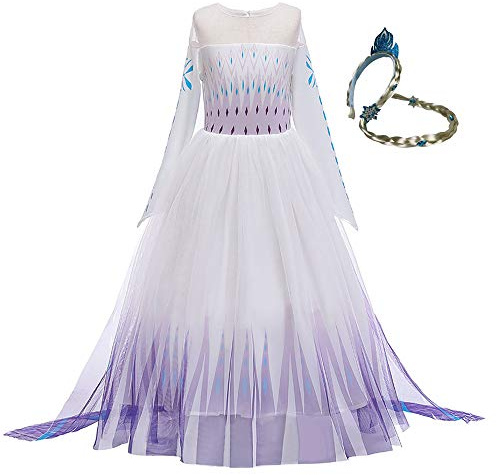 Elsa 2 Prinzessinnen Kostüm für Mädchen Netzrock Schneekönigin Lange Ärmel Outfit Verkleidung für Kinder Weiß Gr. 5 Jahre, Weiß (1)