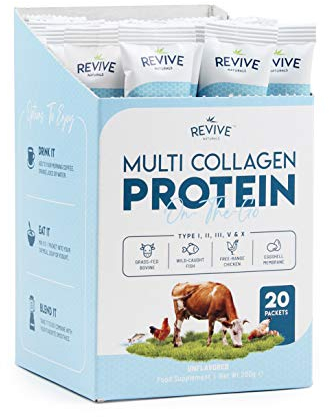 Multi Collagen Protein Powder Packets - Types I, II, III, V & X - Hydrolyzed Grass Fed Bovine, Wild Caught Fish, & Free-Range Chicken & Eggshell Collagen. Non-GMO, Halal, (10g Each, 20 Packets)