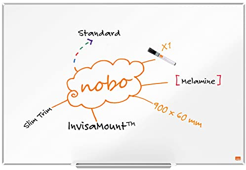 Nobo Magnetisches Emaillle-Whiteboard mit Stiftablage, 900 x 600 mm, Schlanker Zierrahmen, InvisaMount-Montagesystem, Impression Pro, Weiß, 1915395
