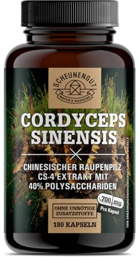 Cordyceps - Cordyceps Kapseln Hochdosiert - Cordycepin Stark SCHEUNENGUT® | Intensiv-Dosis Polysaccharide und Cordycepin - Hochwertiger Cordyceps-Sinensis aus Tibet - Vegan + Laborgeprüft - 180 Kapseln