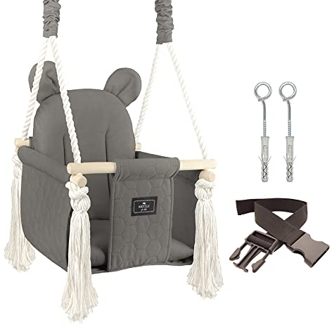 NATILU® Babyschaukel Set Indoor Outdoor | Bär Quilted Graphite | Schaukel | Kinderschaukel | Kindergartenschaukel | Kleinkindschaukel | Holzschaukel | Schaukelsitz | Swing ab 6M+ für Zuhause, Garten