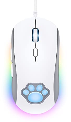 PHNIXGAM Cat Paw RGB Gaming Mouse, Silent Optical Computer Mice USB Wired with 6 Adjustable DPI Up to 7200, RGB Lighting, 6 Programmable Buttons for Windows/Vista/Linux (White)
