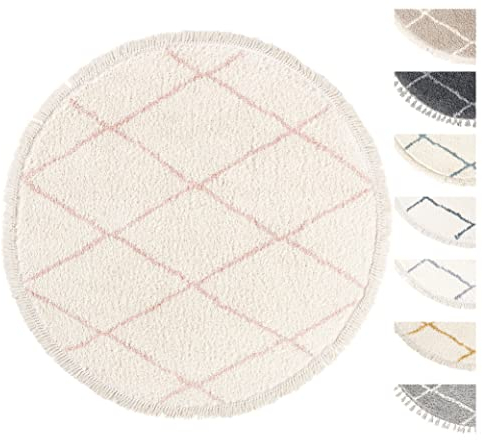 TESSO LIVING Rund Wohnzimmer Hochflor Teppich Ø120 cm Weiss Rosa Diamantmuster, Super Soft Moderner Shaggy Teppich