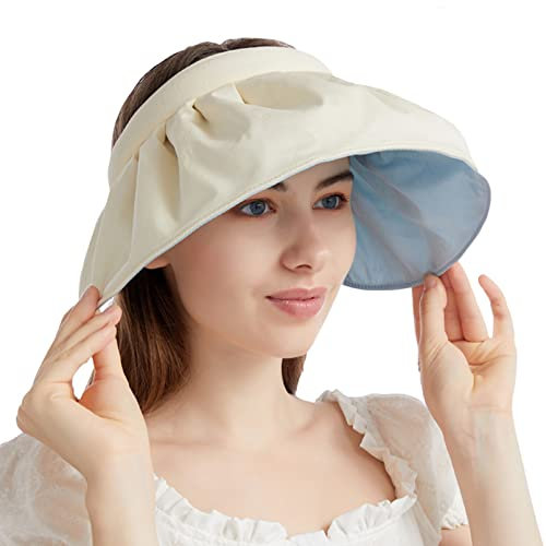 RainFlowwer Women’s Beach Sun Visor Hat，UPF50 Travel Foldable Wide Brim Roll-up Hairband Summer UV Sun Hat for Women Girls, Cream White, One Size