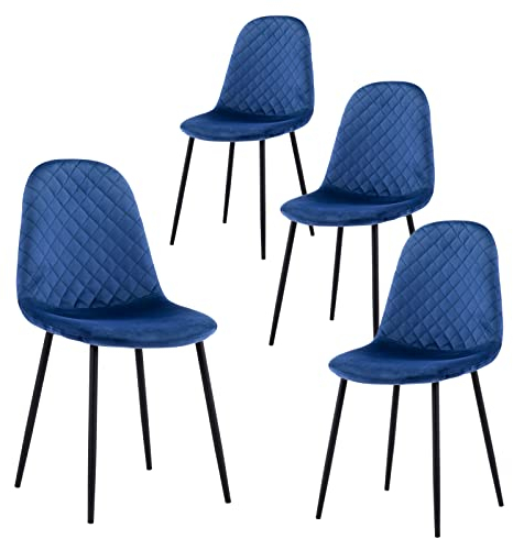 GOLDFAN 4er Set Esszimmerstuhl Samt Grün Samtstuhl Moderner Eleganter Küchenstühle Wohnzimmer Stuhl mit Schwarze Stuhlbeine, Blau