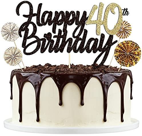 Tortendeko Schwarzes Gold 40 th, Happy Birthday Cake Topper, Papierfächer Cupcake, 40. Kuchendeko Tortenstecker für Geburtstag Deko Männer Frauen