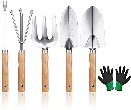 OFFCUP Outils de Jardinage, Ensemble d'outils de Jardin, 6pcs Garden Tool Set, Outil de Jardin Manche en Bois pour Jardinage Plantes Intérieur Extérieur avec Une Pelle Fourchette et Paire de Gants