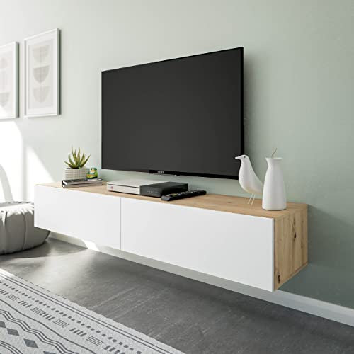 Homely - Mueble de TV de diseño Moderno de Pared KAWAY, Tablero de partículas melaminizado Color Blanco artik y Roble nodi, de 180x34,5x28 cm