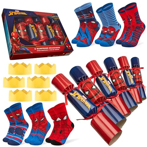 Disney Stitch Christmas Crackers Set of 6 with Socks Inside One Size Crew Socks Minnie Mouse Women Teenagers Kids Gifts (Red Spiderman - Kid)