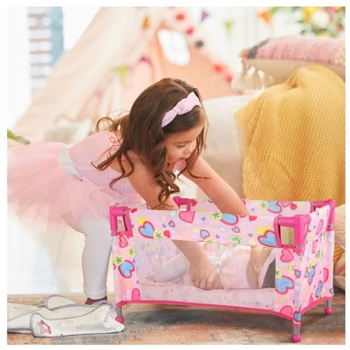 Chyyeerkidd Toy Baby Doll Crib for 18'' Dolls, Cute Pink Heart Designed Baby Doll Bed with Carry Bag, Toy Crib Doll Furniture for 3 Years+ Girls (Pink)