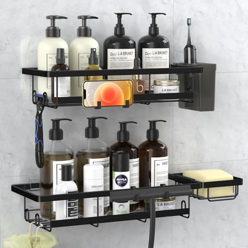 UZHNOE Etagère Douche, Etagere Salle de Bain 2 PCS Etagere Douche sans Percage avec 12 Crochets et Porte-Savon Porte-Dentifrice, Rangement Douche Acier Inoxy pour Cuisine/Salle de Bain, Noir