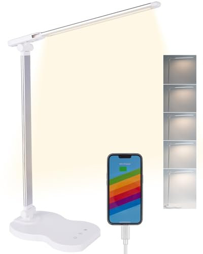 Qualore Desk Lamp, LED Table Lamp Bedside Lamp with 5 Color Modes 5 Brightness Levels, USB C Charging Port, Touch Control, Eye Caring LED Lamp for Bedroom Nail Home Office Study
