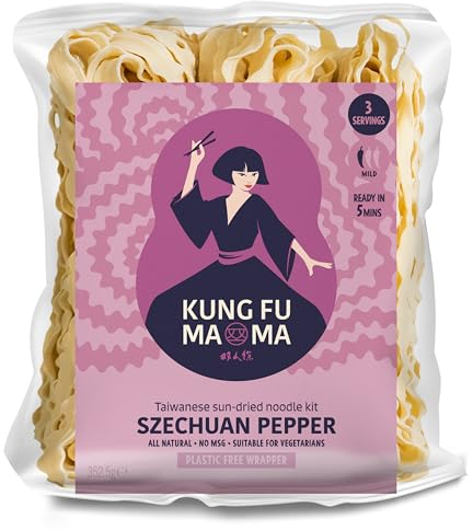 Kung Fu Mama Spicy Noodles with Szechuan Pepper - Taiwanese Sun-Dried Hot Noodles - Natural Ingredients, No Nasties Noodles Kit - Super Tasty, Creamy & Spicy - Multipack, 18 Servings (352.5g*6)