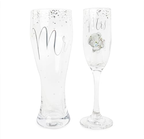 Me to You Tatty Teddy Mr & Mrs Beer Glass and Champagne Flute Gift Set - Official Wedding Collection, Silver