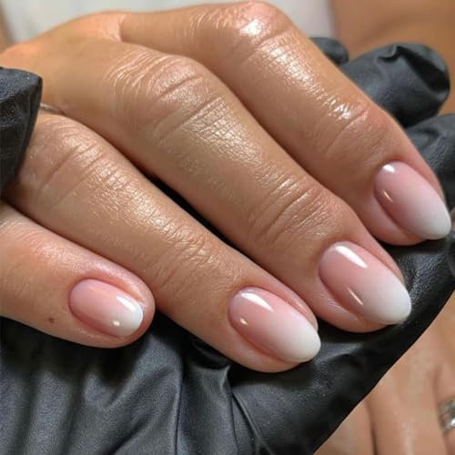 DMQ Press On Nails, 24Pcs Nude Pink Gradient Fake Nails - Almond False Nails with Glue - Elegant Gradient French Nail Tips, Full Cover Stick on Nail for Women Girls Nails Art(Milky)