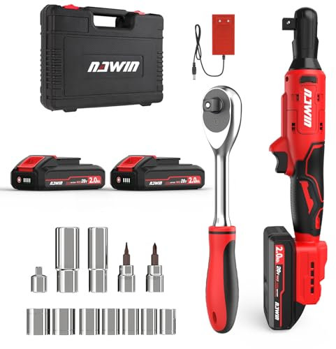NAWIN Wireless Ratchet Wrench, 3/8 Inch Brushless Motor, 20V Electric Ratchet with Two Batteries and Charger, 20kg Electric Ratchet Tool Set