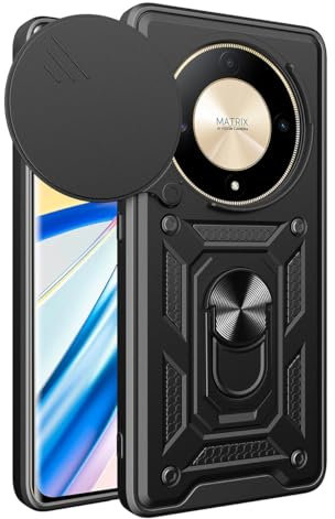 UPLAI Funda para Honor Magic 6 Lite 5G (Magic6 Lite), Ultra Delgado Antigolpes Armadura Carcasa con Deslizar Cámara Cover y Soporte Anillo Magnética, PC+TPU Duradero Estuche Caso.Negro