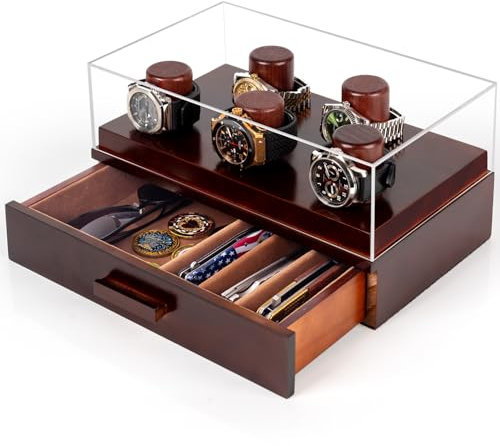 MIXPOET Porta Orologi a 5 Pilastri, Scatola Porta Orologio di Legno Uomo a 2 Livelli per Gioielli e Orologi con Cassetto, Coperchio in Acrilico - Regalo per Uomini