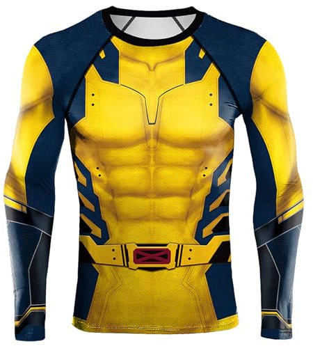 Superhero Costume T-Shirt Men's Compression Sport Workout Shirt Yellow Men, Long Sleeves, Medium