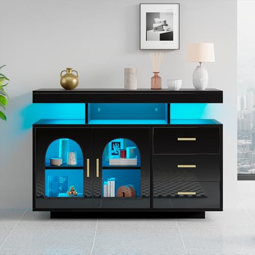 soges LED Sideboard Buffetschrank, großer Kaffee-Barschrank, Schubladenschrank, Hochglanz-Küchenschrank mit 16-Farben-Lichtern für Wohnzimmer, Esszimmer (Schwarz)