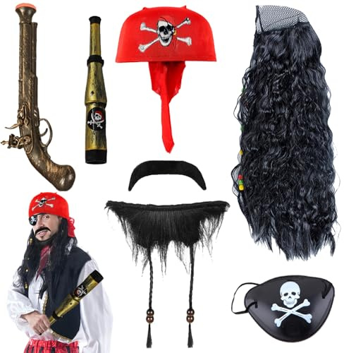 AUNGKWANG Piratenkostüm Zubehör Set, Mittelalter Pirate Herren, Kostüm Halloween Damen Costume, Piraten Augenmaske für Halloween Karneval Cosplay Party
