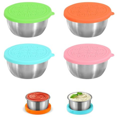 Récipient Vinaigrette avec Couvercles en Silicone, 4pcs Petit Récipient à Sauce en Acier Inoxydable Boîte à Alimentaire Dressing Pot Vinaigrette Réutilisable pour les pique-niques et les voyages
