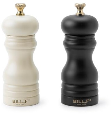 Bill.F Salt and Pepper Grinder Set, Wood Pepper Mill Set of 2 Manual Salt Pepper Shakers Grinder Refillable 5 Inch with Adjustable Ceramic Grinding Rotor(Set of 2 Black and Cream)