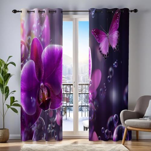MULERN 2Er Set Blickdicht Vorhänge Wohnzimmer, 3D Lila Orchidee Muster Blickdicht Schlaufenschal Traum Verdunkelungsvorhang, Lärmminderung Gardinen Fensterdekoration H175 X B140 cm