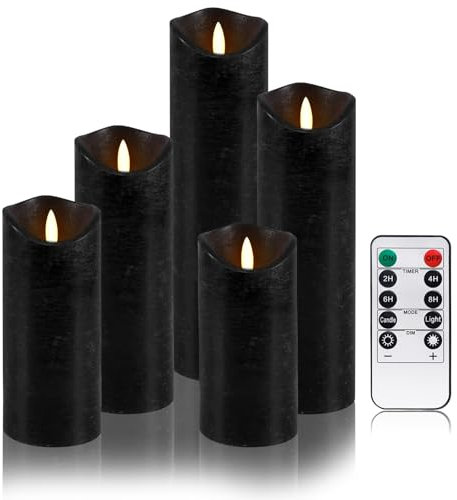 PinnWaa LED Kerzen [5 Stück] Flammenlose Kerzenhalter, 10-Tasten Fernbedienung Timer, Flammenlose Kerzen, Realistisch Flackernde Batteriebetriebene Dekorations LED Stabkerzen - Schwarz