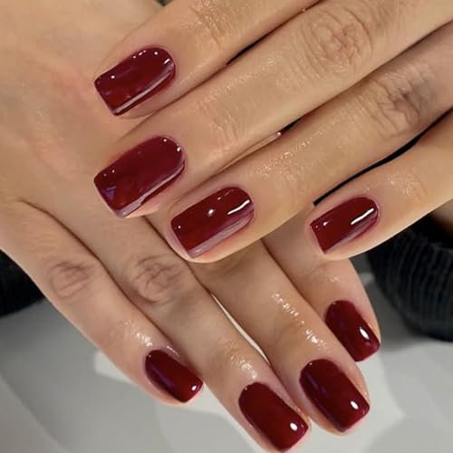 24 Stück Rot Falsche Nägel, Square Nägel zum Aufkleben Rot Einfarbig, Künstliche Fingernägel Zum Aufkleben, Glänzende Press on Nails kurz Mit Voller Deckkraft, Acryl Fake Nail für Frauen