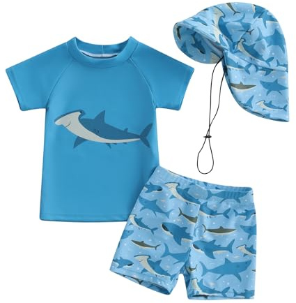 Maillot de Bain Bébé Garçon 3 Pièce Anti UV T-Shirt Manches Longues + Short de Bain + Chapeau de Soleil Costume de Bain Piscine Nataiton Plage (Bleu Requin, 12-18 Months)