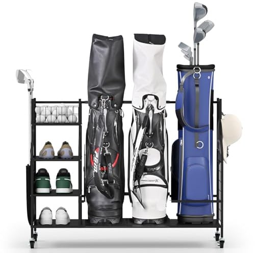 SPOTRAVEL Golf Storage Rack, Extra Large Golf Club Organizer | with Lockable Universal Wheels and Removable Hanging Hooks, Golf Bag Stand for Golf Equipment Accessories