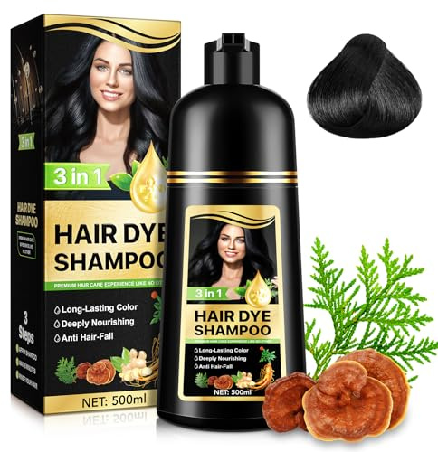 3 in 1 Schwarzes Haarfärbeshampoo 500ml | 100% Grauabdeckung Sofort-Haarfarben-Shampoo, schwarzes Shampoo, Unisex