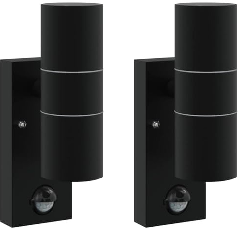 vidaXL Outdoor Wall Lights 2 pcs Black 7 x 10 x 22 cm Stainless steel, Cylindrical Wall Sconce, Modern Outdoor Lighting, Water-Resistant Accent Light, Terrace Illumination, Architectural Fixture