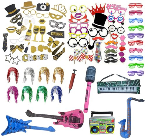 OYIWINMI Fotobox Accessoires 86 Stück Party Dekoration Set mit Perücken Aufblasbarem Musikparty Zubehör Foto Requisiten für Hochzeiten Geburtstage Halloween Weihnachten Karneval Kinder Erwachsene