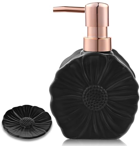 Seifenspender-Set, enthält Hand- und Seifenschale, rutschfeste Basis, Seifenspender aus Keramik in Blumenform, geeignet für die Dekoration von Küche und Badezimmer (Schwarze Blüten)