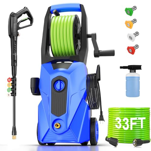 Commowner Hochdruckreiniger, 5000 PSI Hochdruckreiniger, angetrieben mit 10 m Druckschlauch, 4 Düsen und Schaumkanone, Powerwashers für Zuhause, Autos, Zäune, Terrasse, Blau