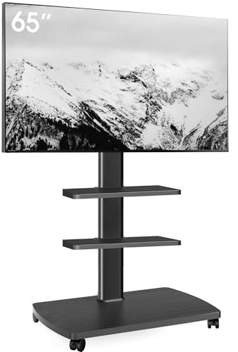 AOKCOS TV Ständer Rollbar mit Holzablage 2 Regal, Fernsehständer auf Rollen für 32-65 Zoll TV, TV Bodenständer Höhenverstellbar Drehbar, bis 40 kg Max. VESA 400x400mm (Schwarz)
