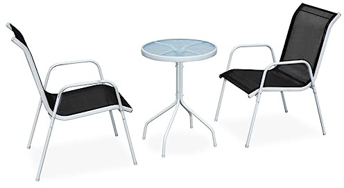 Owoxanthellate 3-TLG. Bistro-Set Stahl Schwarz Grau 50 x 71 cm Tisch & 2 Stapelstühle aus Textilene Robustes wetterfestes Gartenmöbel Set modernes Design für Balkon Terrasse Wintergarten