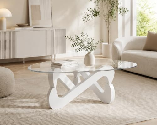 Couchtisch, Dreieckiger Couchtisch aus Glas, Modern Couchtisch mit dreieckigem Massivholzsockel und verdicktem gehärtetem Glas, Beistelltisch, Ausgefallene Kaffeetisch für Wohnzimmer Büro (Weiß)