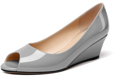 EDEFS Damen zum Reinschlüpfen Peeptoes Keilabsatz Niedriger Absatz Pumps Schuhe zum Reinschlüpfen niedriger Absatz Grau Lack EU35