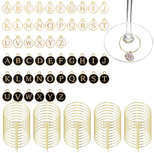 RAHHLIZS 52 Pieces Letter Glass Charms, Alpha Wine Glass Marker Charm for Stem Glasses Drink Black White Alphabet Markers Wines Glass Rings for DIY Party Decorations