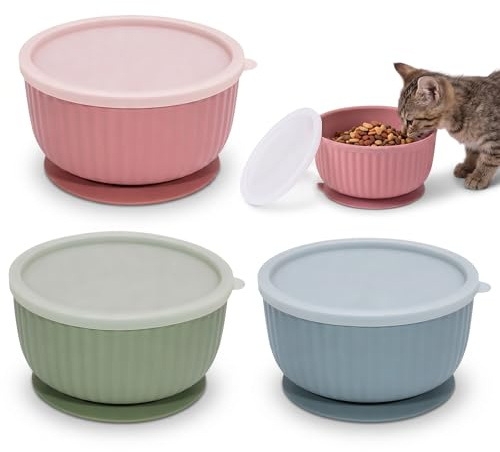 Lot de 3 gamelles en silicone pour chat avec couvercle, antidérapantes, ventouses, design rayé, pour chatons et petits chiens (bleu, vert, rose)