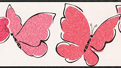 York Wallcoverings Red Pink Butterflies White Wallpaper Border for Kids Bedroom Bathroom Playroom, Roll 15' X 6 / Size:6'' by 5 Yards
