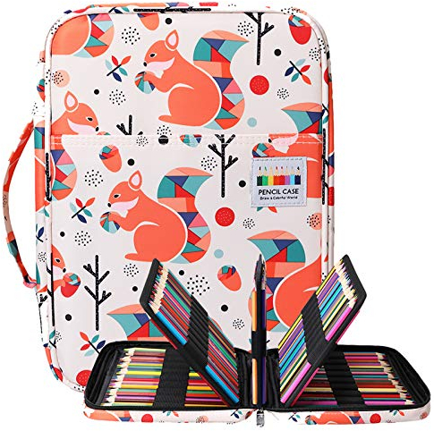 BOMKEE Federmäppchen mit 220 Fächern, Tragbar Buntstifte Organizer, Wasserdicht Bleistifte Halter Case für Studenten, Kinder, Erwachsene, Künstler(Eichhörnchen)