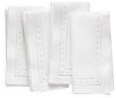 O'lucio Authentique Home Servietten mit doppeltem Hohlsaum, Leinen gestickten Schweizer Punkten, Weiß, 4 Stück, 45,7 x cm, handgefertigt, Leinenstoff, Servietten, Naturstoff, maschinenwaschbar