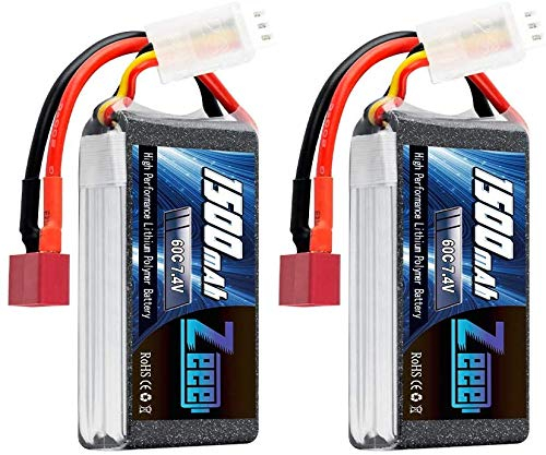 Zeee 2S LiPo Akku 7,4V 60C 1500mAh mit T Steck für RC Flugzeug, Luftfahrzeuge mit Fernbedienung, RC Hubschrauber, RC Hobby, RC Auto 2 Packungen