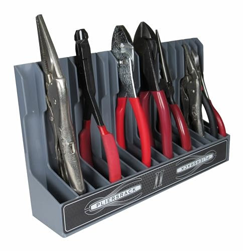 PLR16 Gray PliersRack for your Peg Board and Toolbox Drawer. Plier storage for Regular & smaller pliers. Keeps spring loaded pliers closed in your toolbox. Has a special tilt feature.