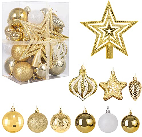 MTSCE 34 Piezas Dorado Bolas de Navidad Decoración Casa, Caja de Bolas de árbol de Navidad de plástico Dorado con Estrella de árbol de Navidad y Adornos Navidad